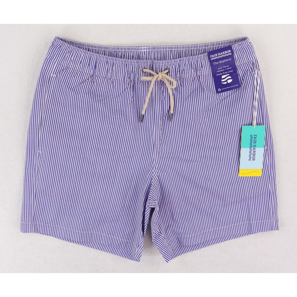 Fair Harbor The Bayberry Swim Trunks Mens Large Blue Striped 7" Inseam NWT